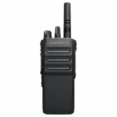 This UHF digital DMR portable radio operates at 2.5 W with 64 channels and no display, powered by a Li-Ion battery. It is designed for professional two-way voice communication in business and industrial settings such as security, hospitality, manufacturing, and logistics. An FCC license is required for operation.