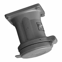 Watertight pin and sleeve receptacle rated for 250V DC and 600V AC, three-phase, 30 A, with 3 poles. Suitable for industrial environments requiring moisture and dust protection for three-phase equipment connections.
