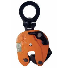 Steel vertical lift clamp with 180° flip, manually operated. Pivoting shackle attachment. Working load limit 4,000 lb. Used for lifting and rotating steel plates in fabrication, welding, and material handling.