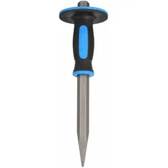 This hand-guided concrete chisel features a pointed tip for breaking and chipping concrete, masonry, and stone. The integrated handguard protects the user's hand from hammer strikes and debris. Overall length is 12 inches.