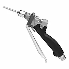 Manual non-metered dispense gun with pressure-activated stainless steel nozzle. Maximum flow rate of 332 gpm. Wetted materials include aluminum, polyurethane, stainless steel, and Viton. Spout connection is NPT. Suitable for high-flow fluid transfer in industrial dispensing applications.