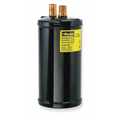 Steel-shell suction line accumulator with copper sweat connections. Includes metering orifice for controlled refrigerant and oil return. Protects compressors by preventing liquid slugging in refrigeration and HVAC systems.
