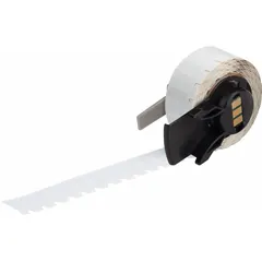 White gloss polyester precut label roll, 1/2 in x 13/64 in. Compatible with Brady M710 printer using Media Adapter. Used for industrial identification and labeling.