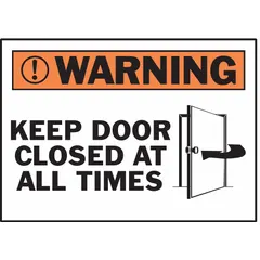Non-retroreflective, non-glow-in-the-dark adhesive sign. Polyester material, 0.01 in thick, nominal size 3 1/2 in x 5 in. Sold as a 5-pack. Used to indicate doors that must remain closed for safety, fire protection, or environmental containment in industrial, laboratory, and commercial settings.