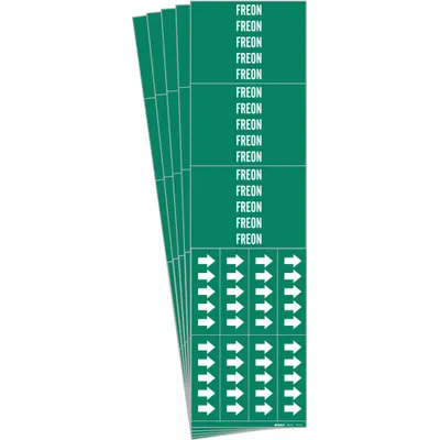 BRADY Pipe Marker: Freon, Green, White, Fits 3/4 in and Smaller Pipe O.D., 3 Pipe Markers - Freon Adhesive Pipe Markers