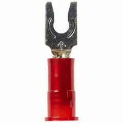Insulated fork terminal with nylon insulation and locking fork design for secure connections on #6 studs. Accepts 22 to 18 AWG wire, rated 600 V. Insulation Grip barrel style ensures reliable crimping. Suitable for electrical panels, control cabinets, and general wiring applications.