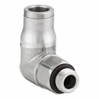 This LEGRIS fitting is a stainless steel elbow with a BSPP male thread (G1/2) on one end and a push-to-connect connection for 12 mm OD tubing on the other. It is used in pneumatic and instrumentation systems to connect tubing to threaded ports. The stainless steel construction provides corrosion resistance in industrial environments