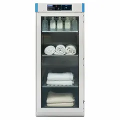 This freestanding warming cabinet features a touch screen control and a glass door. It is suitable for holding prepared foods, towels, or medical supplies at controlled temperatures in commercial kitchens, hospitals, or industrial break areas.