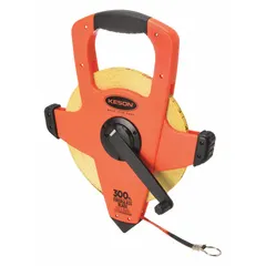 Open-reel long tape measure with a 300 ft fiberglass blade, double-sided SAE/Engineers scale graduated in 1/8 in increments. Features a loop-style tape end and a plastic case. Suitable for measuring long distances in construction, surveying, and industrial layout applications.
