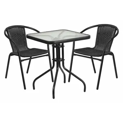 FLASH FURNITURE Square Patio Table Set with Rattan Chairs and Glass Top - Square Patio Table Sets