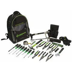 This 26-piece tool set includes a tool backpack for organized transport and storage. The set contains pliers, a wire stripper, an adjustable wrench, specialty pliers, a hand saw, and nine hex keys. Tools are SAE size. Suitable for electrical installation, maintenance, and repair tasks.