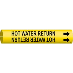 Yellow snap-on pipe marker with black legend reading 'Hot Water Return' and directional arrows. Fits pipe outer diameters from 1-1/2 to 2-3/8 inches. Used to identify hot water return lines in piping systems, aiding in compliance with labeling standards and improving safety during maintenance or operation.