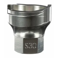 This stainless steel S30 adapter connects PPS series spray gun cups to spray guns. It features a 5/8 in thread size and is used in industrial painting and coating applications.
