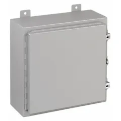 This steel washdown enclosure measures 24 x 24 x 6 inches and features a solid hinged cover secured with a 1/4-turn latch. Rated NEMA 12/13/3R/4, it provides protection against dust, falling dirt, dripping water, rain, sleet, and hose-directed water. Suitable for indoor or outdoor use in industrial environments to house electrical controls and instrumentation. No knockouts are included.