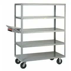 This order-picking utility cart features five flush metal shelves for transporting heavy parts, boxes, and tools in warehouses and distribution centers. Overall dimensions are 76 inches long by 30 inches wide by 64 inches high. It is equipped with two rigid phenolic wheels for stable movement under load.