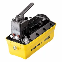 Air-operated hydraulic pump unit with 10,000 psi maximum operating pressure and 127 cu in reservoir capacity. Features Retract function and Tandem Center configuration. Suitable for powering single-acting or double-acting cylinders in industrial lifting, pressing, and clamping applications.