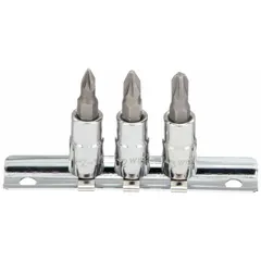 This 25-piece Pozidriv bit socket set includes 8 bits with tip sizes #1 to #3, featuring a fixed insert design. The set has a 1/4 in drive size and is SAE. It is used for driving Pozidriv fasteners in assembly, maintenance, and repair tasks.