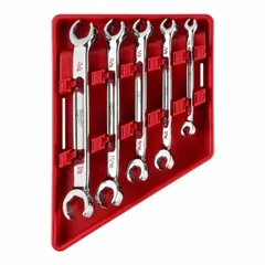 This set includes five chrome-plated steel double-end standard-head 6-point flare nut wrenches. The head size range covers 1/4 in to 7/8 in. Designed for tightening or loosening flare nuts in refrigeration, HVAC, and plumbing systems.