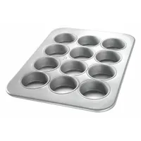 This 12-slot muffin pan is constructed from aluminized steel with a silver finish. It measures 12 7/8 inches overall width. Suitable for baking muffins or cupcakes in commercial or home kitchens