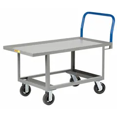 Work-height platform truck with a 60 in L x 30 in W x 26 in H solid 12 ga rubber deck in gray. Equipped with two rigid casters for stable transport on flat floors. The elevated deck reduces bending during loading and unloading, improving ergonomics in industrial and warehouse settings.