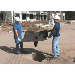 Frameless insert street drain filter designed to capture oil and sediment from runoff. Oil capacity of 1.38 gallons and sediment capacity of 40 lb. Includes an overflow port for managing excess flow. Suitable for use in industrial facilities, parking lots, and loading docks to prevent contaminants from entering stormwater systems.