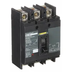 This 3-pole molded case circuit breaker is rated 150 A at 240 V AC with a maximum interrupting rating of 25 kA. It features fixed instantaneous trip settings and lug-type terminal connections. The ABC phase connection makes it suitable for use in three-phase electrical distribution systems for overcurrent protection.