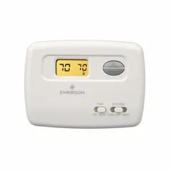 Digital thermostat for heat or cool applications, operating on 30V AC. Features manual changeover with system settings Cool-Heat-Off and Auto-On fan control. Temperature control range 45° to 99°F with differential 0.8° to 1.5°F. Selectable Celsius or Fahrenheit display. Suitable for residential or light commercial HVAC systems.
