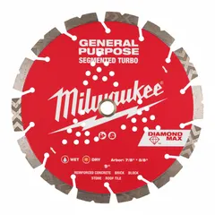 This diamond saw blade is designed for cutting block, brick, concrete, and stone. With a 9-inch diameter and 5/8-inch to 7/8-inch arbor size, it supports both wet and dry cutting applications in masonry saws.
