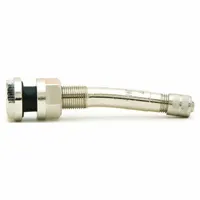 Brass clamp-in tire valve stem for trucks with metric rim holes. Straight shape with 27° valve stem angle and 0.305-32 thread size. Complies with ETRTO V3-20-5 standards. Used for inflation and pressure monitoring in heavy-duty commercial applications