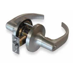 This office lever lockset features a satin chromium-plated heavy gauge steel finish. It is ADA compliant with an SFIC core and carries an F109 function. Suitable for securing interior doors in commercial or institutional settings where key control and accessibility are required.