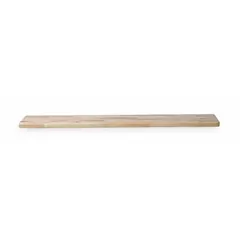 This bench top is made of laminated maple with a natural lacquer finish. It measures 3 ft by 9 1/2 in and is designed for use with pedestal bench systems in locker rooms, providing a smooth seating surface.