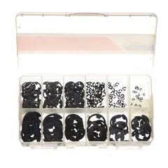 This assortment contains 300 external retaining rings made of steel with a black phosphate finish. It includes 9 inch sizes for securing components on shafts in mechanical assemblies.