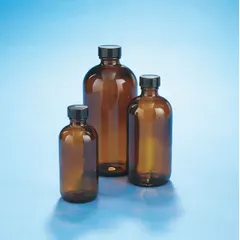 This 125 mL amber narrow mouth round glass bottle is made from Type III soda lime glass. It features a 22-400 mm neck finish with an attached phenolic cap and PolyCone liner. Suitable for general laboratory storage of light-sensitive chemicals and reagents.