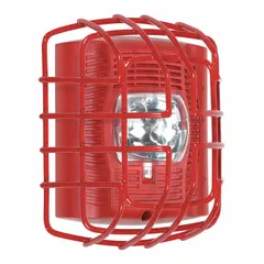 Red steel alarm guard for indoor wall-mount flush installation. Protects System Sensor SPECTRAlert Advance Series horn/strobe/speaker notification appliances from physical damage. Includes mounting hardware. Overall dimensions: 7 3/8 in depth, 6 1/8 in length.