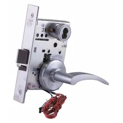 This storeroom lever lockset is designed for interior doors requiring keyed entry from outside and free egress from inside, common in commercial facilities. It features a satin chromium-plated stainless steel finish, 40H Rose style, and an ADA-compliant lever. The interchangeable core allows for easy rekeying and access control. Not ligature-resistant and without visual indicator.