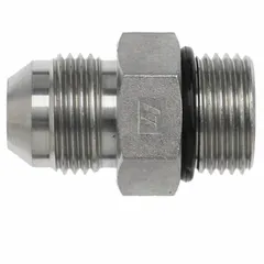This 316 stainless steel adapter connects hydraulic hoses or components with male JIC and male ORB threads. It features a 1-1/16"-12 thread size and 3/4 in x 3/4 in fitting size in a male x male configuration. Suitable for fluid-power systems requiring corrosion resistance.
