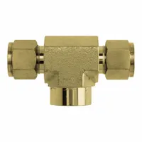 This brass compression tee fitting features a double-ferrule design for leak-tight connections on 1/8 in OD tubing. It is clean and bagged for immediate use in instrumentation, hydraulic, and pneumatic systems. The fitting has three 1/8 in OD tube connections and a 1/8 in pipe size, compatible with Hy-Lok fitting brands