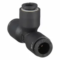 This push-to-connect tee fitting is made of nylon and nickel-plated brass. It connects three tubes of 6 mm, 4 mm, and 6 mm outer diameter, enabling tool-free branch connections in pneumatic or fluid systems. Suitable for applications requiring quick assembly and disassembly, such as in industrial automation and packaging equipment