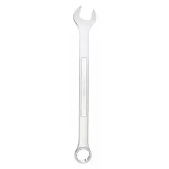 This SAE 12-point combination wrench features a 1 1/8 in head size and an overall length of 15 3/8 in. The offset design allows access to fasteners in confined spaces. Satin finish provides a corrosion-resistant surface. Suitable for tightening or loosening fasteners in mechanical assembly and maintenance tasks.