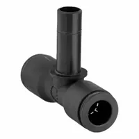 Nylon tee fitting with three 3/8 in OD push-to-connect ports. Overall length 1 31/32 in. Suitable for branching or combining pneumatic or fluid lines in industrial systems