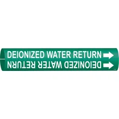Snap-on pipe marker for identifying deionized water return lines. Green background with white legend and directional arrows. Fits pipe outer diameters from 3/4 to 1-3/8 inches. Suitable for industrial plumbing systems requiring clear pipe identification.