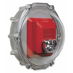 Clear polycarbonate alarm guard for indoor wall-mounted strobes. Protects against vandalism and accidental damage. Surface mount, water resistant, includes mounting hardware. Overall depth 7 3/8 in. No alarm included.