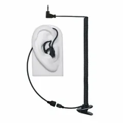 This wired listen-only earpiece is designed for one-way audio monitoring in two-way radio communication. It features a black earbud with a 2.5mm connector and is compatible with universal radio series. Without push-to-talk function, it allows the user to hear incoming transmissions discreetly.