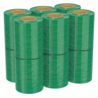 Light green stretch wrap film with built-in handle and brake for one-handed application. Each roll is 5 inches wide and 650 feet long, 120 gauge. Used for bundling, securing, and protecting pallet loads or irregular items during storage and shipping