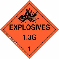 BRADY DOT placard for identifying containers holding Class 1 explosives, Division 1.3, Compatibility Group G. Measures 10 3/4 in x 10 3/4 in with a label height of 10 3/4 in. Used for hazardous materials transport and storage compliance