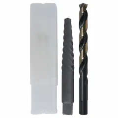 This 2-piece set includes a #5 spiral-flute extractor with a capacity of 9/16 in to 3/4 in and a 17/64 in drill bit. The spiral-flute design grips broken or stripped screws for removal from metal, wood, or plastic. Commonly used in automotive, maintenance, and repair applications.
