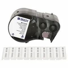 Thermal transfer precut label roll cartridge for M510-series printers. Contains 360 rectangle labels, 3/8 in x 1 1/4 in, made of cryogenic polyester. Designed for labeling 1.5 mL vials or tubes in laboratory and cold-chain environments.