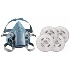 Silicone half-mask respirator in size M, supplied with four P100 filters. Provides respiratory protection against certain airborne particles in industrial environments such as machining, welding, and material handling.