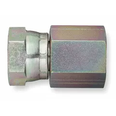 This steel hydraulic hose adapter connects NPSM and NPTF threads in a female x female configuration. The swivel design allows rotation during installation, reducing stress on connections. Used in hydraulic systems to join components with different thread standards.