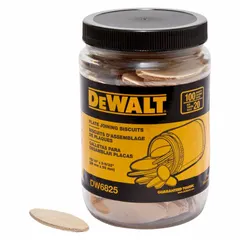 DEWALT joining biscuits, size #20, made from beech wood. Used with standard biscuit joiners for aligning and reinforcing joints in woodworking applications such as panel assembly, tabletop construction, and frame joining.